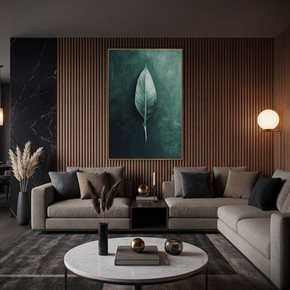 Sage Single Leaf Moody Botanical wall art in an elegant modern room – single pale sage green bird of paradise leaf