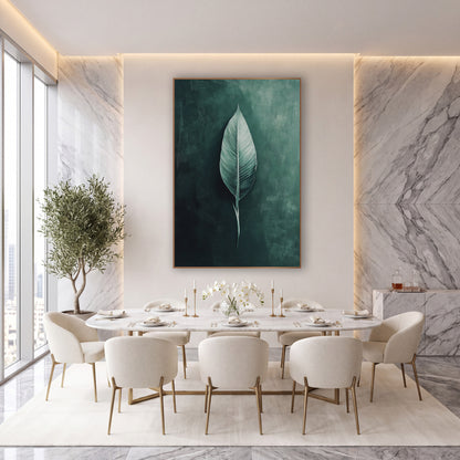 Sage Single Leaf Moody Botanical wall art in an elegant modern room – single pale sage green bird of paradise leaf