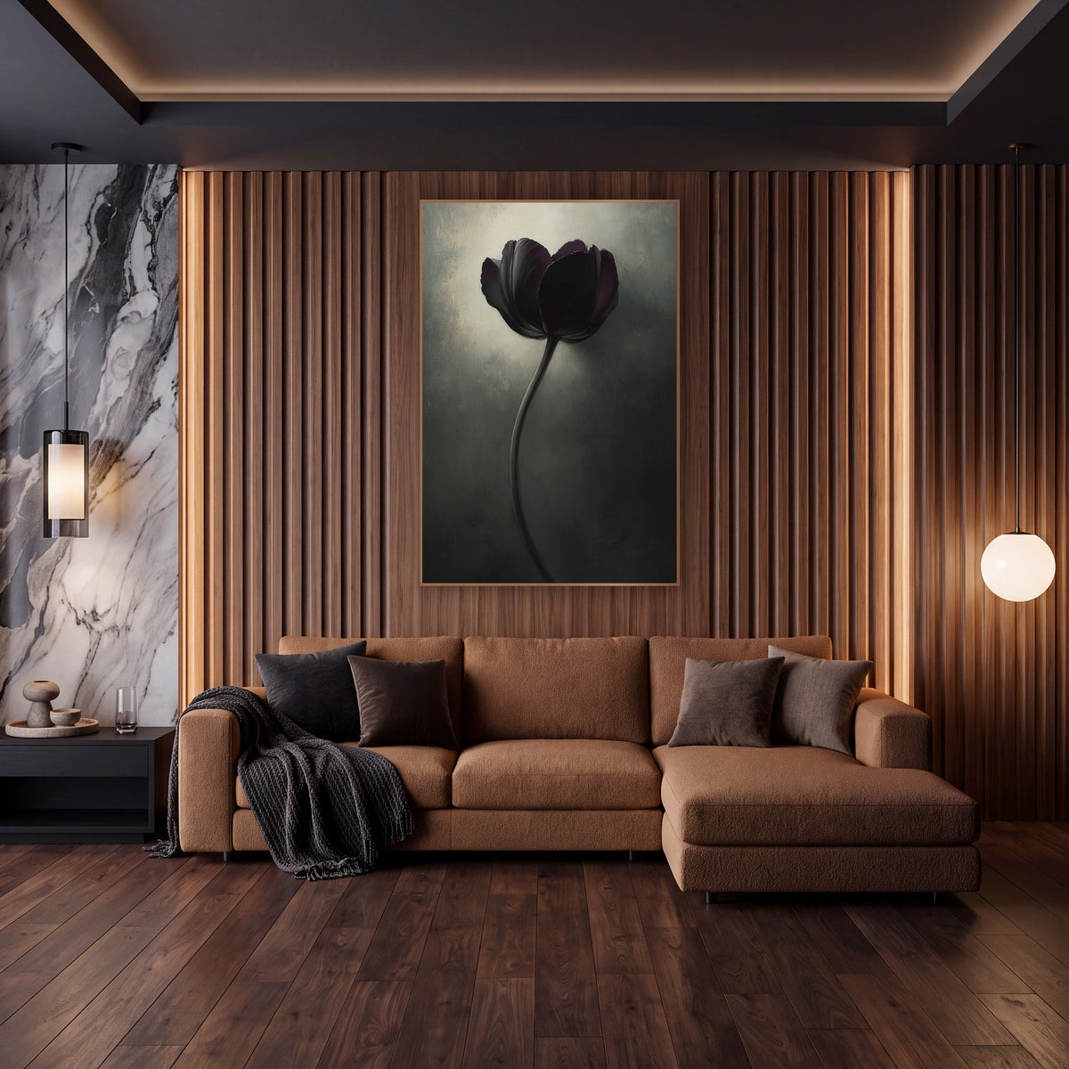 Dark Violet Tulip Moody Luxe wall art in an elegant modern room – single dark violet tulip on a long curved stem