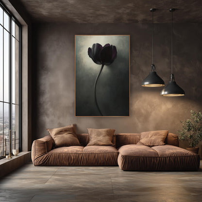 Dark Violet Tulip Moody Luxe wall art in an elegant modern room – single dark violet tulip on a long curved stem