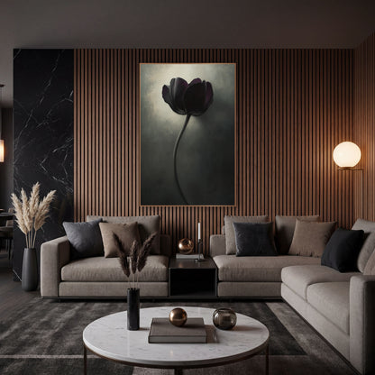 Dark Violet Tulip Moody Luxe wall art in an elegant modern room – single dark violet tulip on a long curved stem