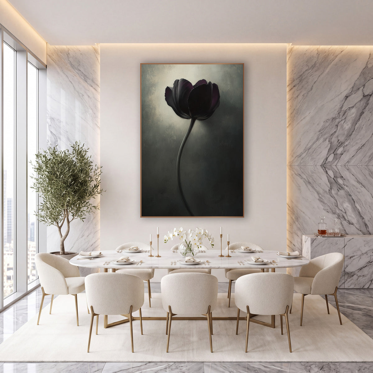 Dark Violet Tulip Moody Luxe wall art in an elegant modern room – single dark violet tulip on a long curved stem