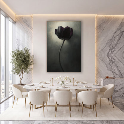 Dark Violet Tulip Moody Luxe wall art in an elegant modern room – single dark violet tulip on a long curved stem