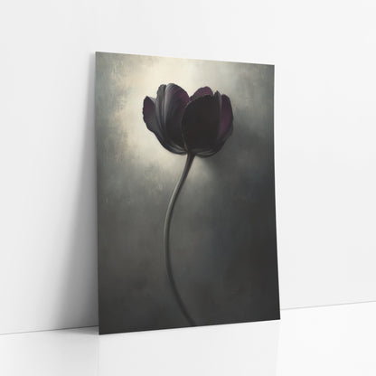 Dark Violet Tulip Moody Luxe art print leaning against a white wall – single dark violet tulip on a long curved stem