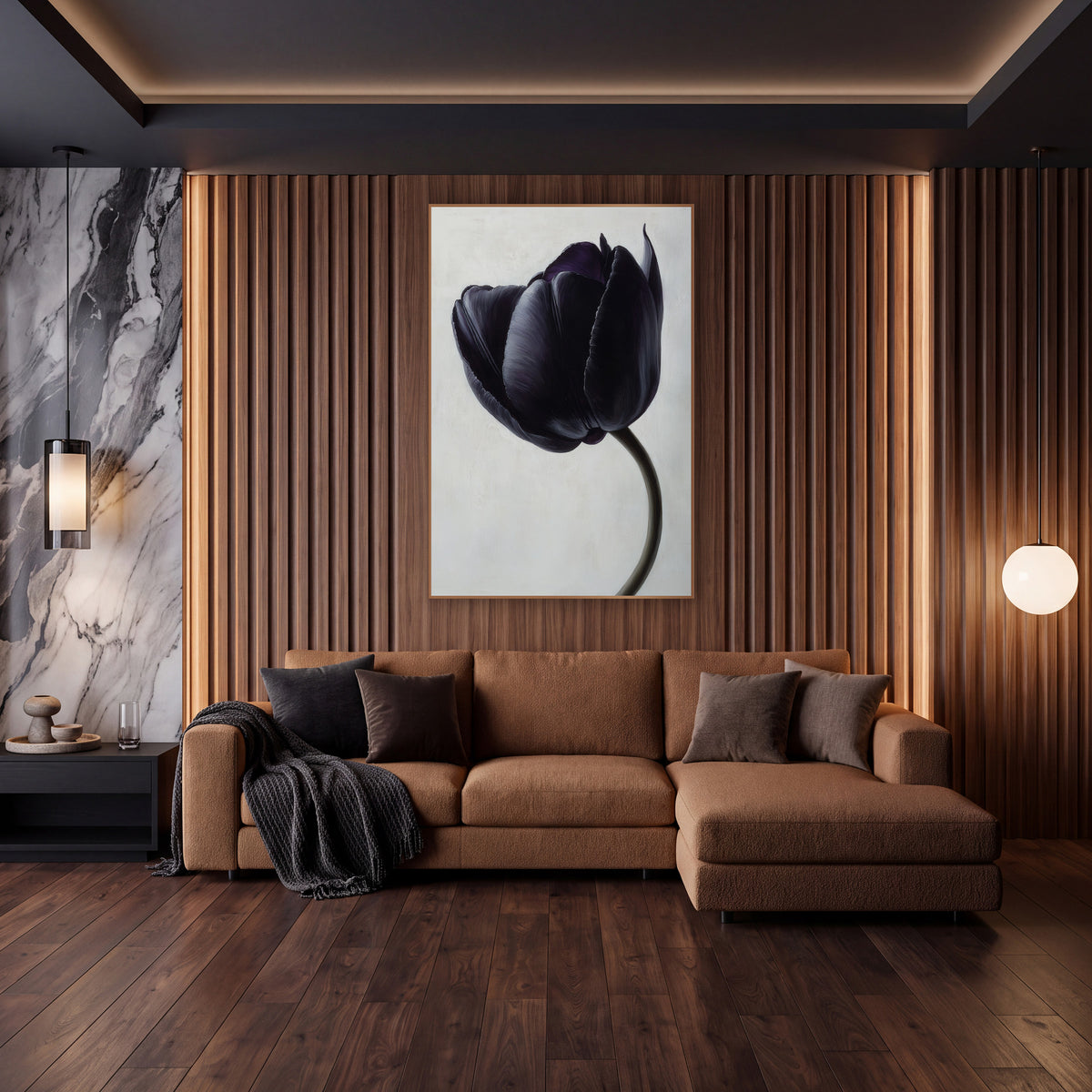 Ivory Backdrop Black Tulip Study wall art in an elegant modern room – single black violet tulip with silvery