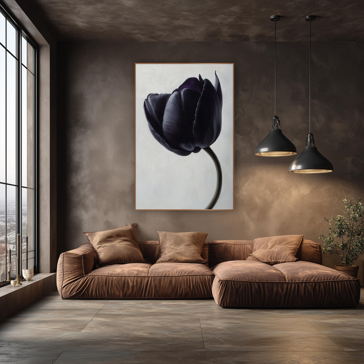 Ivory Backdrop Black Tulip Study wall art in an elegant modern room – single black violet tulip with silvery