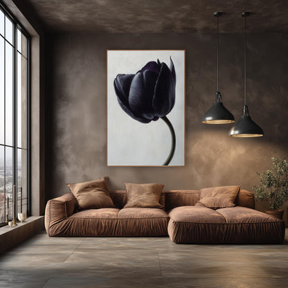 Ivory Backdrop Black Tulip Study wall art in an elegant modern room – single black violet tulip with silvery