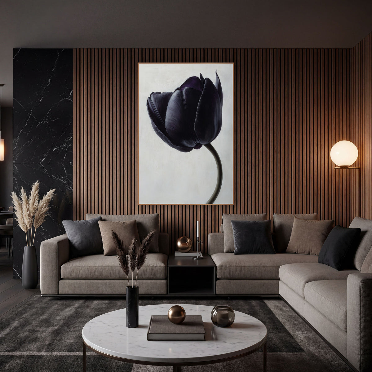 Ivory Backdrop Black Tulip Study wall art in an elegant modern room – single black violet tulip with silvery