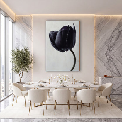 Ivory Backdrop Black Tulip Study wall art in an elegant modern room – single black violet tulip with silvery