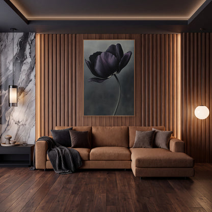 Dark Plum Tulip Moody Botanical wall art in an elegant modern room – single dark plum tulip with open petals