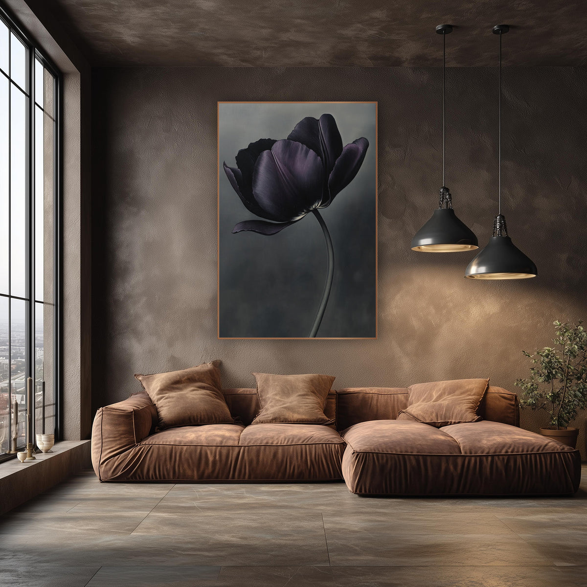 Dark Plum Tulip Moody Botanical wall art in an elegant modern room – single dark plum tulip with open petals