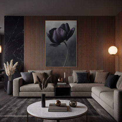 Dark Plum Tulip Moody Botanical wall art in an elegant modern room – single dark plum tulip with open petals