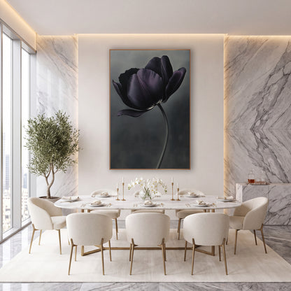 Dark Plum Tulip Moody Botanical wall art in an elegant modern room – single dark plum tulip with open petals