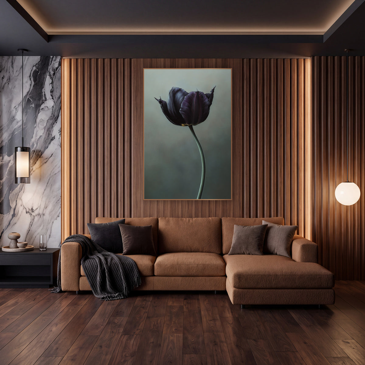 Frayed Petal Plum Tulip Portrait wall art in an elegant modern room – black violet tulip with pointed petal tips