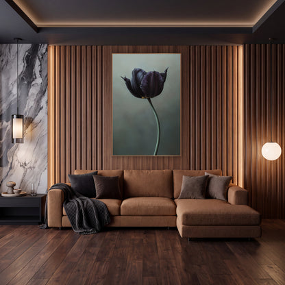 Frayed Petal Plum Tulip Portrait wall art in an elegant modern room – black violet tulip with pointed petal tips