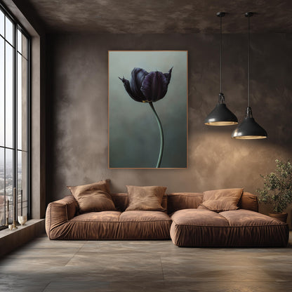 Frayed Petal Plum Tulip Portrait wall art in an elegant modern room – black violet tulip with pointed petal tips