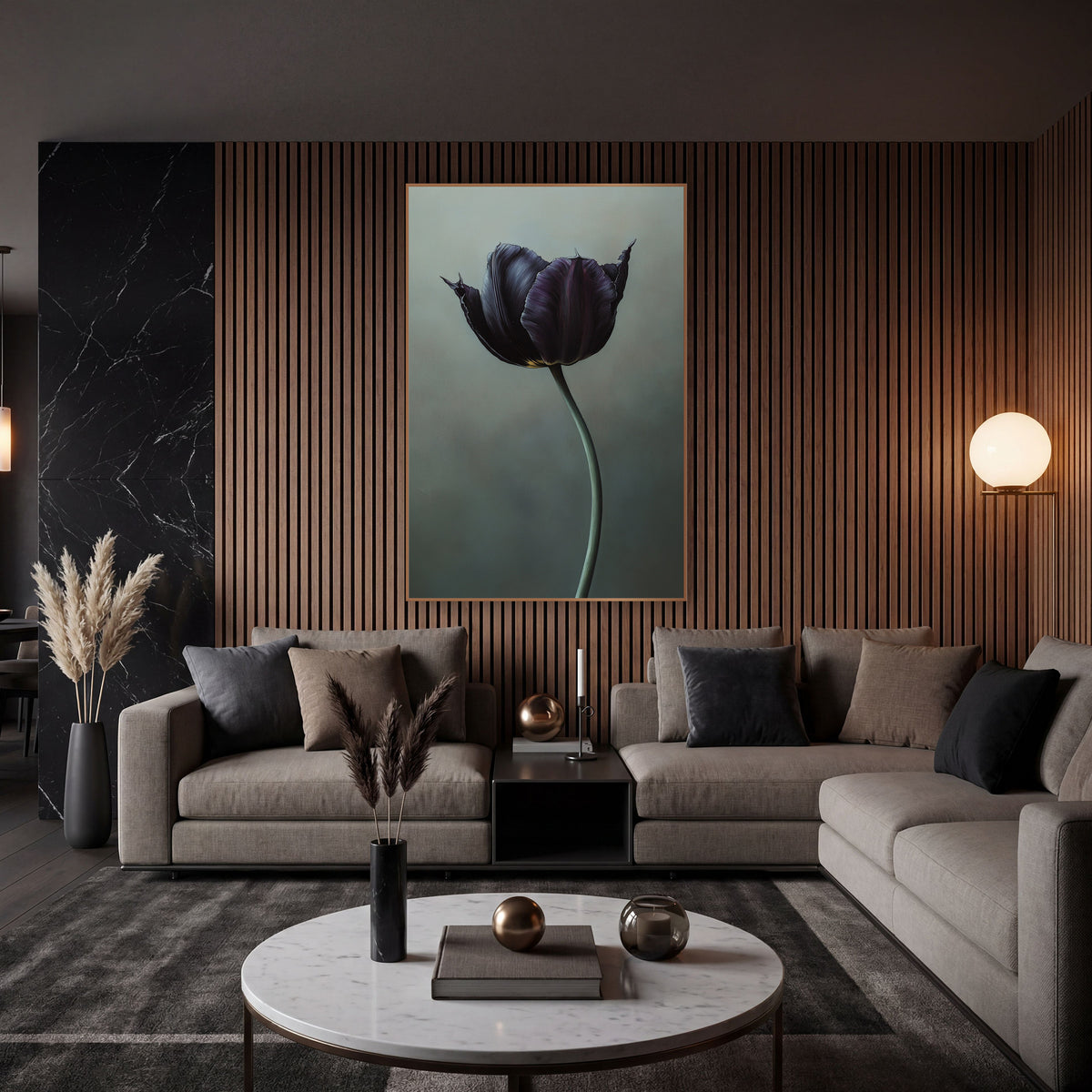 Frayed Petal Plum Tulip Portrait wall art in an elegant modern room – black violet tulip with pointed petal tips