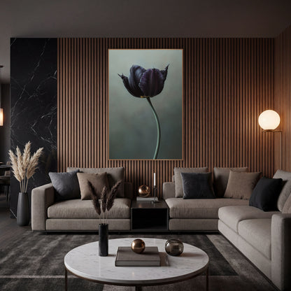 Frayed Petal Plum Tulip Portrait wall art in an elegant modern room – black violet tulip with pointed petal tips