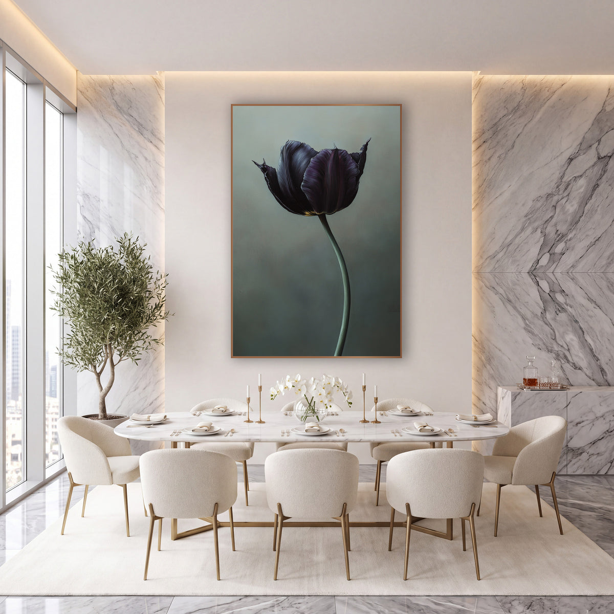 Frayed Petal Plum Tulip Portrait wall art in an elegant modern room – black violet tulip with pointed petal tips