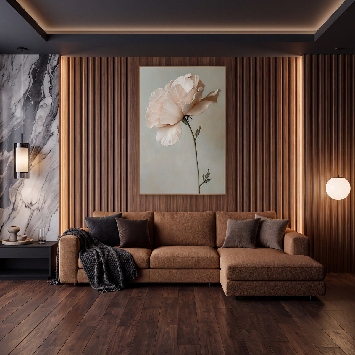 Blush Lisianthus Bloom Romantic Floral wall art in an elegant modern room – single blush pink lisianthus with ruffled
