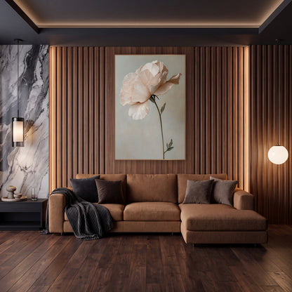 Blush Lisianthus Bloom Romantic Floral wall art in an elegant modern room – single blush pink lisianthus with ruffled