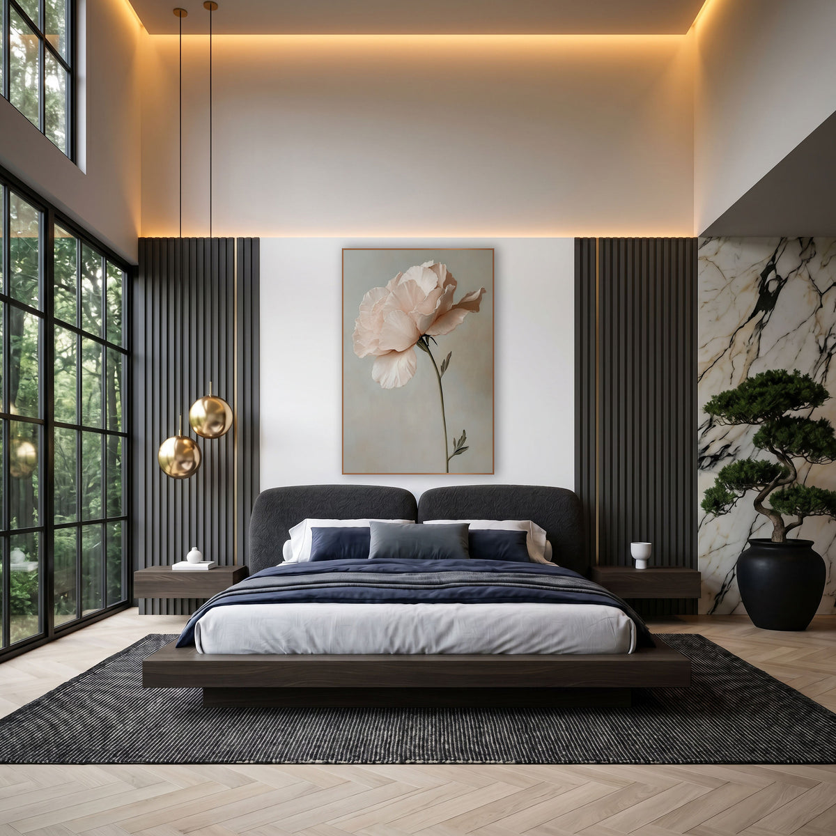 Blush Lisianthus Bloom Romantic Floral wall art in an elegant modern room – single blush pink lisianthus with ruffled