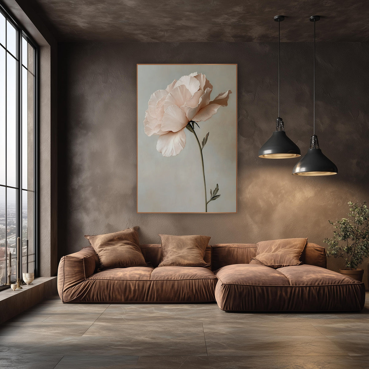 Blush Lisianthus Bloom Romantic Floral wall art in an elegant modern room – single blush pink lisianthus with ruffled