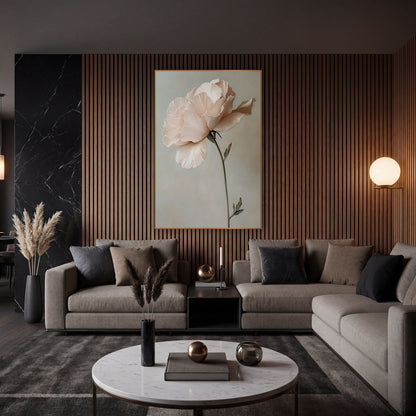 Blush Lisianthus Bloom Romantic Floral wall art in an elegant modern room – single blush pink lisianthus with ruffled