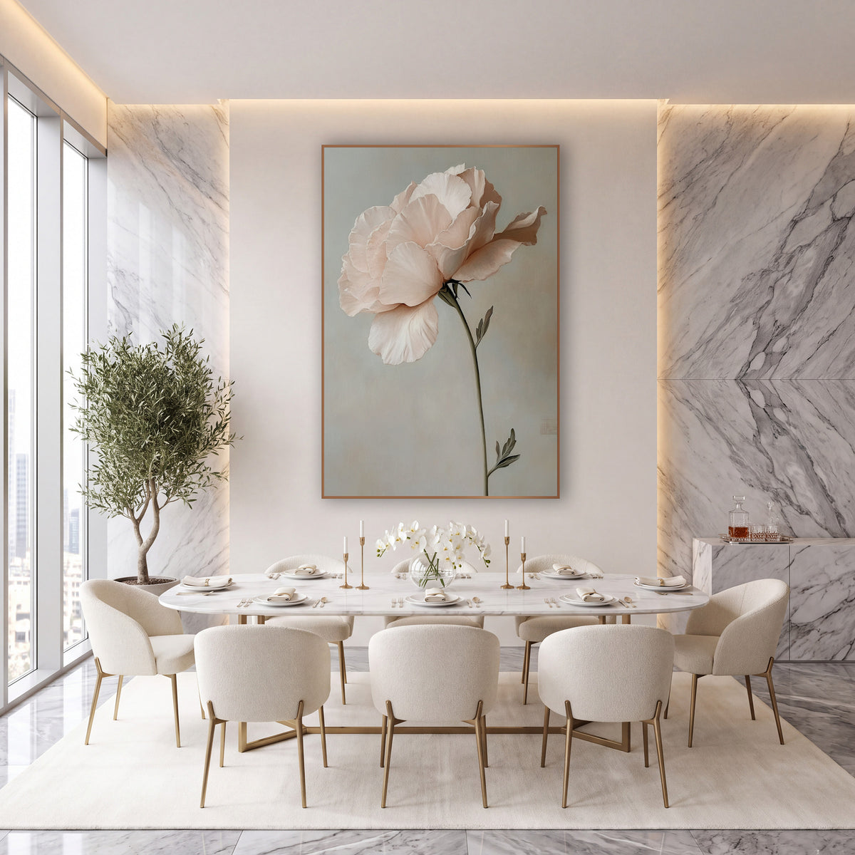 Blush Lisianthus Bloom Romantic Floral wall art in an elegant modern room – single blush pink lisianthus with ruffled