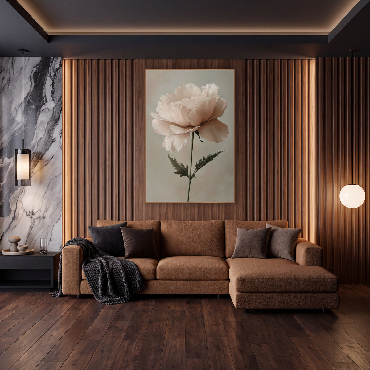 Blush Ruffled Bloom Botanical Romantic wall art in an elegant modern room – single ruffled blush pink flower on a thin
