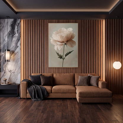 Blush Ruffled Bloom Botanical Romantic wall art in an elegant modern room – single ruffled blush pink flower on a thin