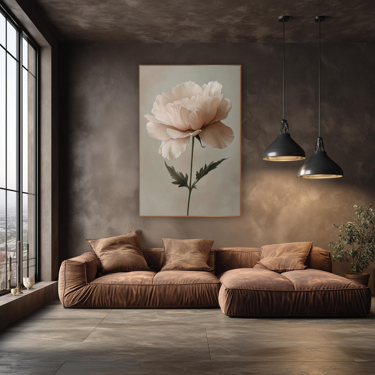 Blush Ruffled Bloom Botanical Romantic wall art in an elegant modern room – single ruffled blush pink flower on a thin