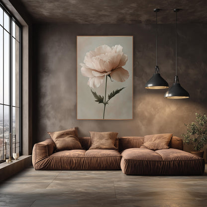 Blush Ruffled Bloom Botanical Romantic wall art in an elegant modern room – single ruffled blush pink flower on a thin