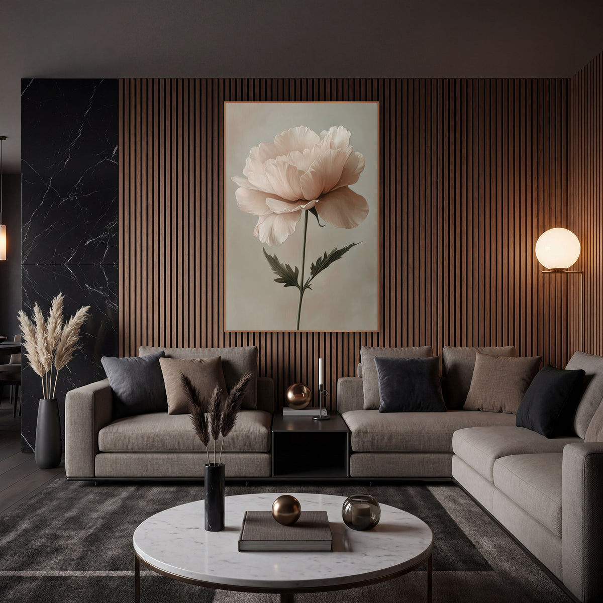 Blush Ruffled Bloom Botanical Romantic wall art in an elegant modern room – single ruffled blush pink flower on a thin