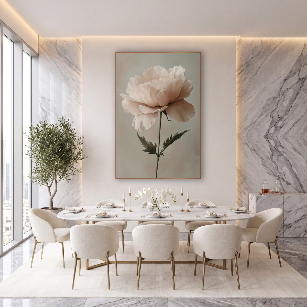 Blush Ruffled Bloom Botanical Romantic wall art in an elegant modern room – single ruffled blush pink flower on a thin