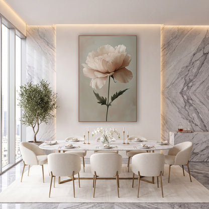 Blush Ruffled Bloom Botanical Romantic wall art in an elegant modern room – single ruffled blush pink flower on a thin