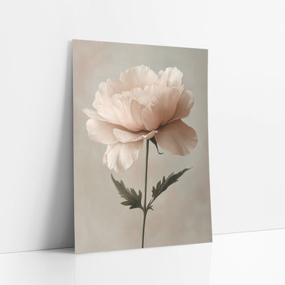 Blush Ruffled Bloom Botanical Romantic art print leaning against a white wall – single ruffled blush pink flower on a thin