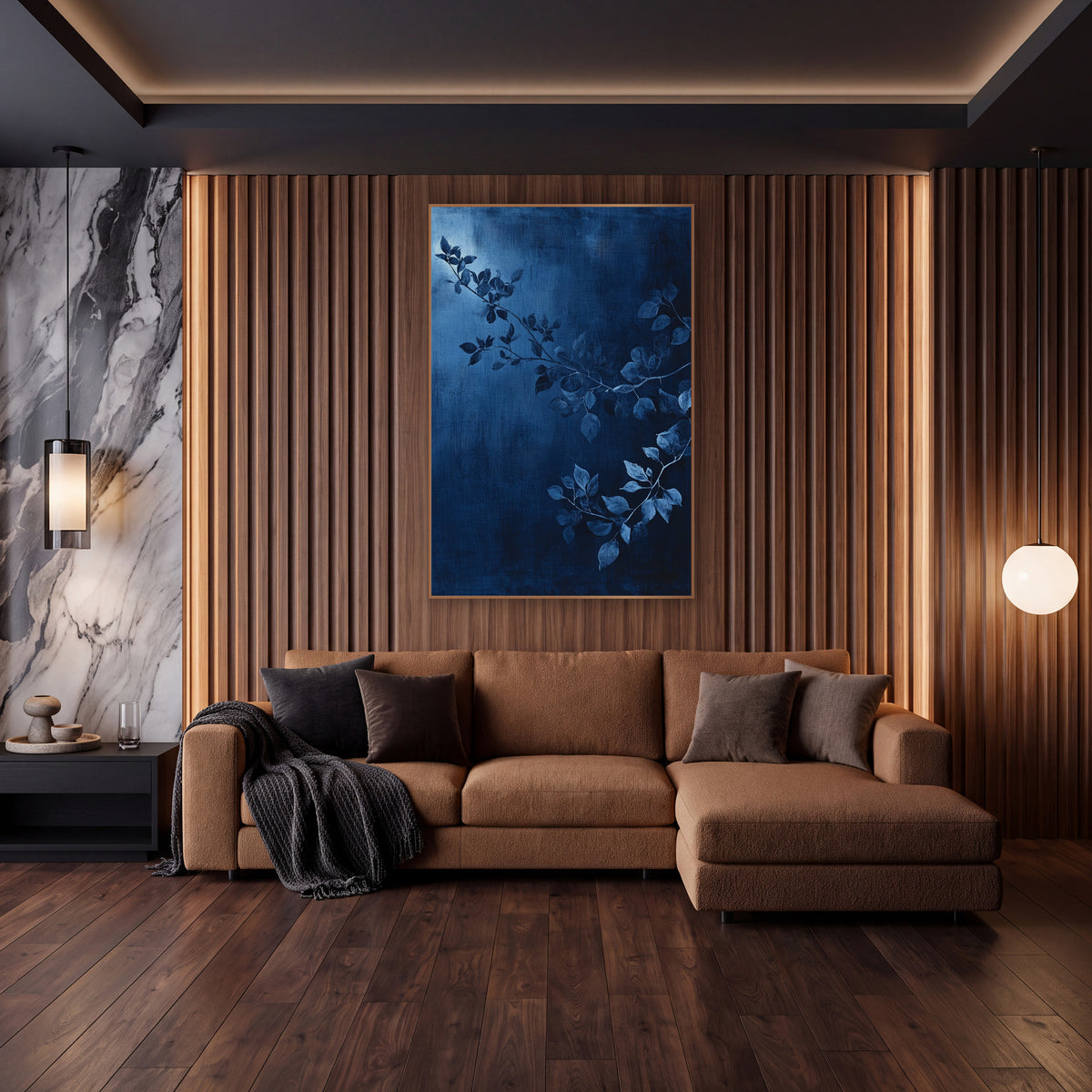 Moonlit Indigo Boughs Painted wall art in an elegant modern room – slender leafy branches in steel blue across a deep