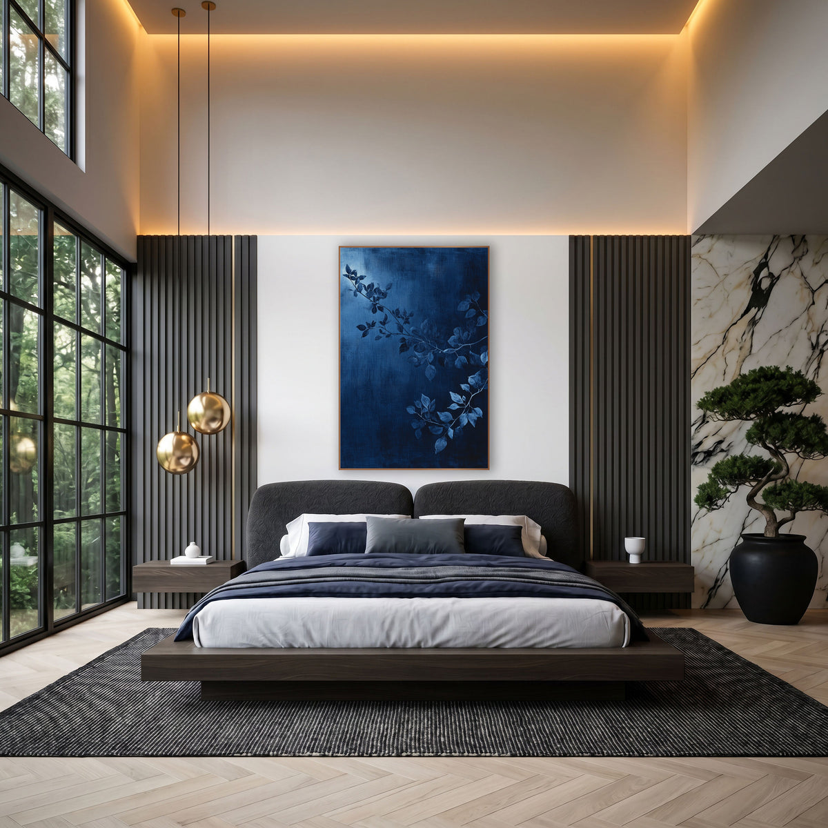 Moonlit Indigo Boughs Painted wall art in an elegant modern room – slender leafy branches in steel blue across a deep