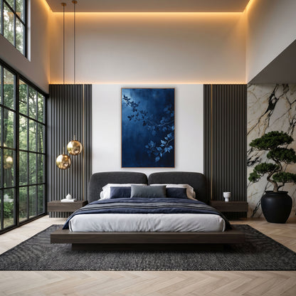 Moonlit Indigo Boughs Painted wall art in an elegant modern room – slender leafy branches in steel blue across a deep