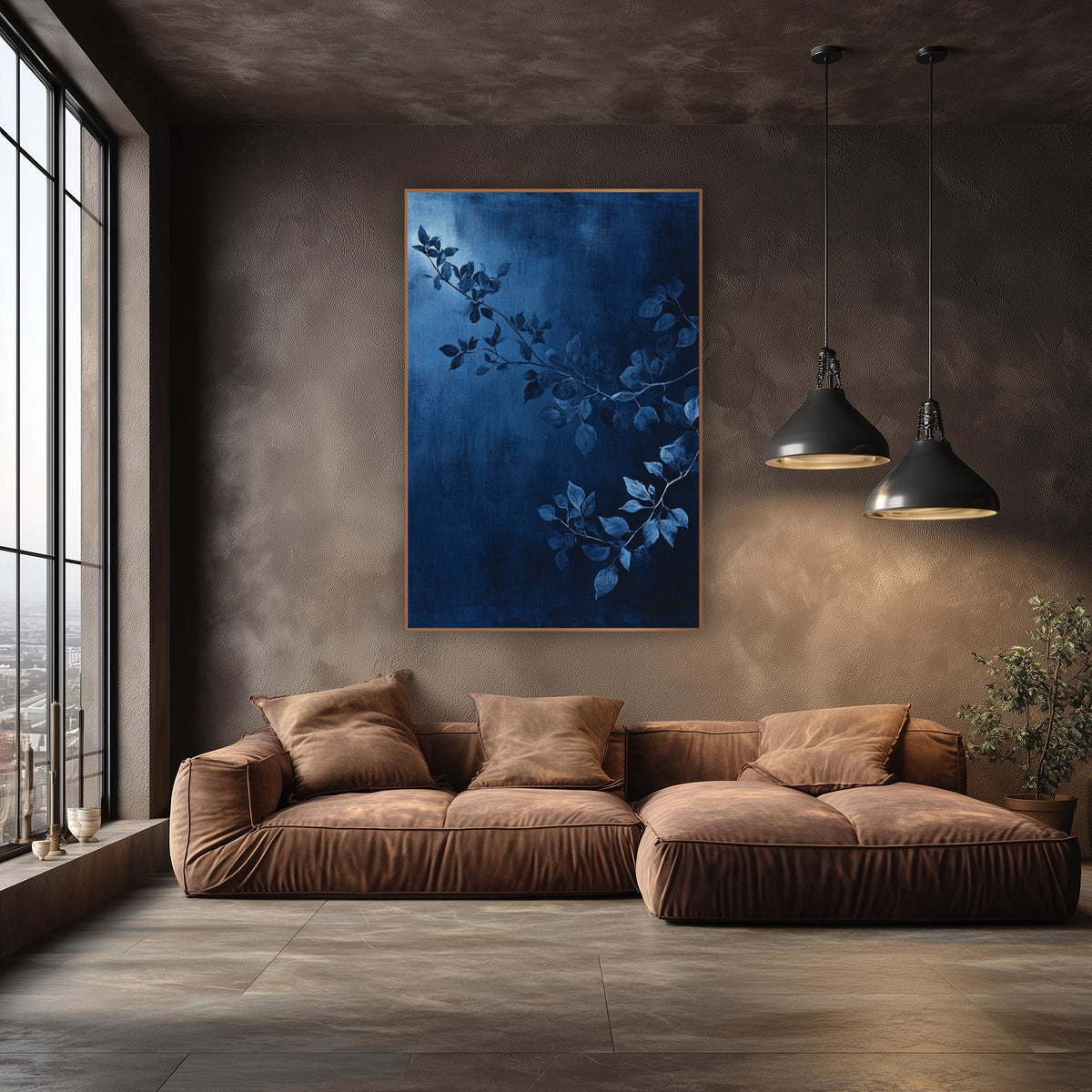 Moonlit Indigo Boughs Painted wall art in an elegant modern room – slender leafy branches in steel blue across a deep