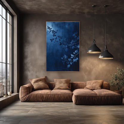 Moonlit Indigo Boughs Painted wall art in an elegant modern room – slender leafy branches in steel blue across a deep