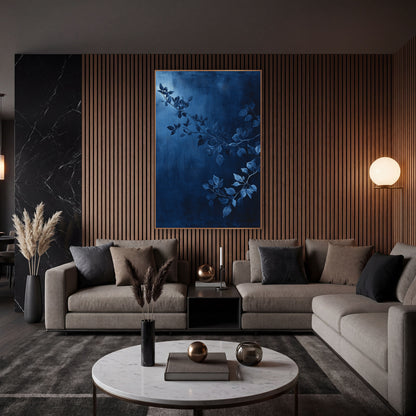 Moonlit Indigo Boughs Painted wall art in an elegant modern room – slender leafy branches in steel blue across a deep