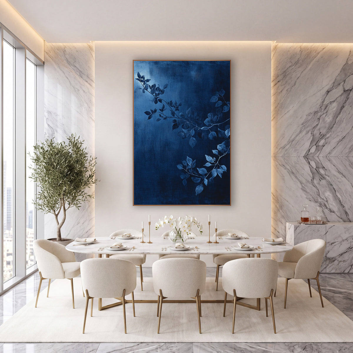 Moonlit Indigo Boughs Painted wall art in an elegant modern room – slender leafy branches in steel blue across a deep