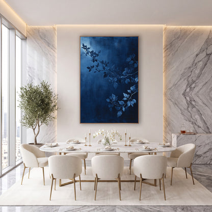 Moonlit Indigo Boughs Painted wall art in an elegant modern room – slender leafy branches in steel blue across a deep
