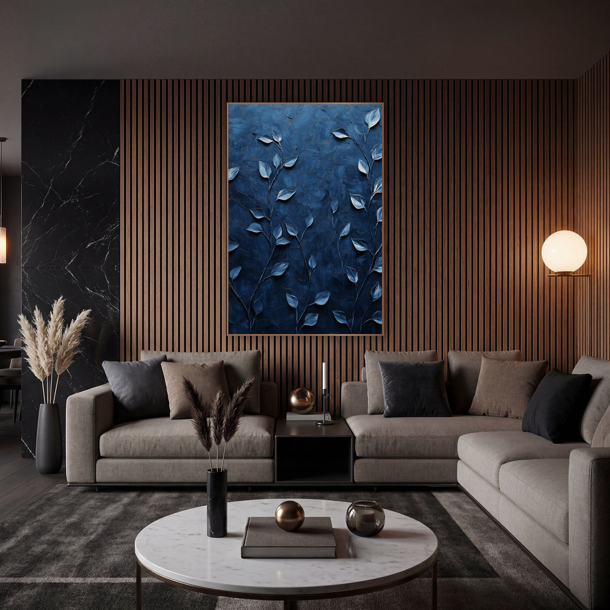 Midnight Blue Leaf Vine Botanical wall art in an elegant modern room – slender vines with pale silver-blue leaves