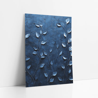 Midnight Blue Leaf Vine Botanical art print leaning against a white wall – slender vines with pale silver-blue leaves