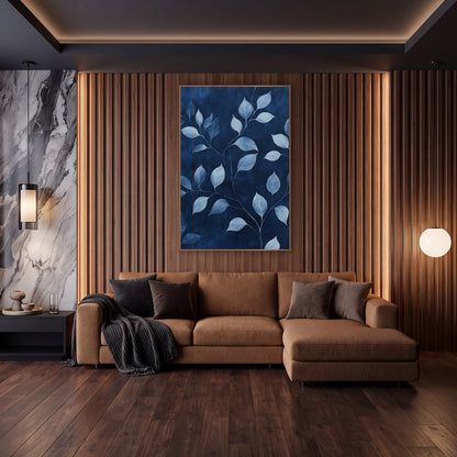 Pale Indigo Foliage Vines Pattern wall art in an elegant modern room – pale blue and white leaves on slender branches