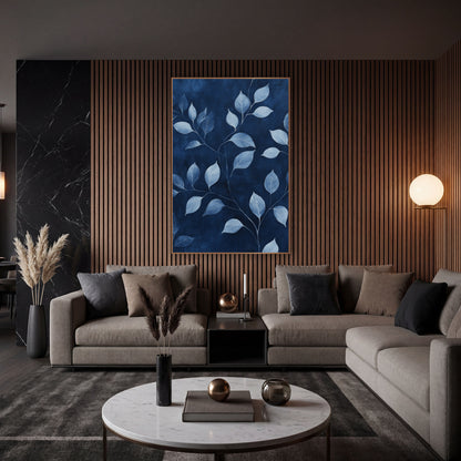 Pale Indigo Foliage Vines Pattern wall art in an elegant modern room – pale blue and white leaves on slender branches
