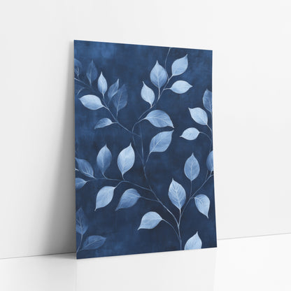 Pale Indigo Foliage Vines Pattern art print leaning against a white wall – pale blue and white leaves on slender branches
